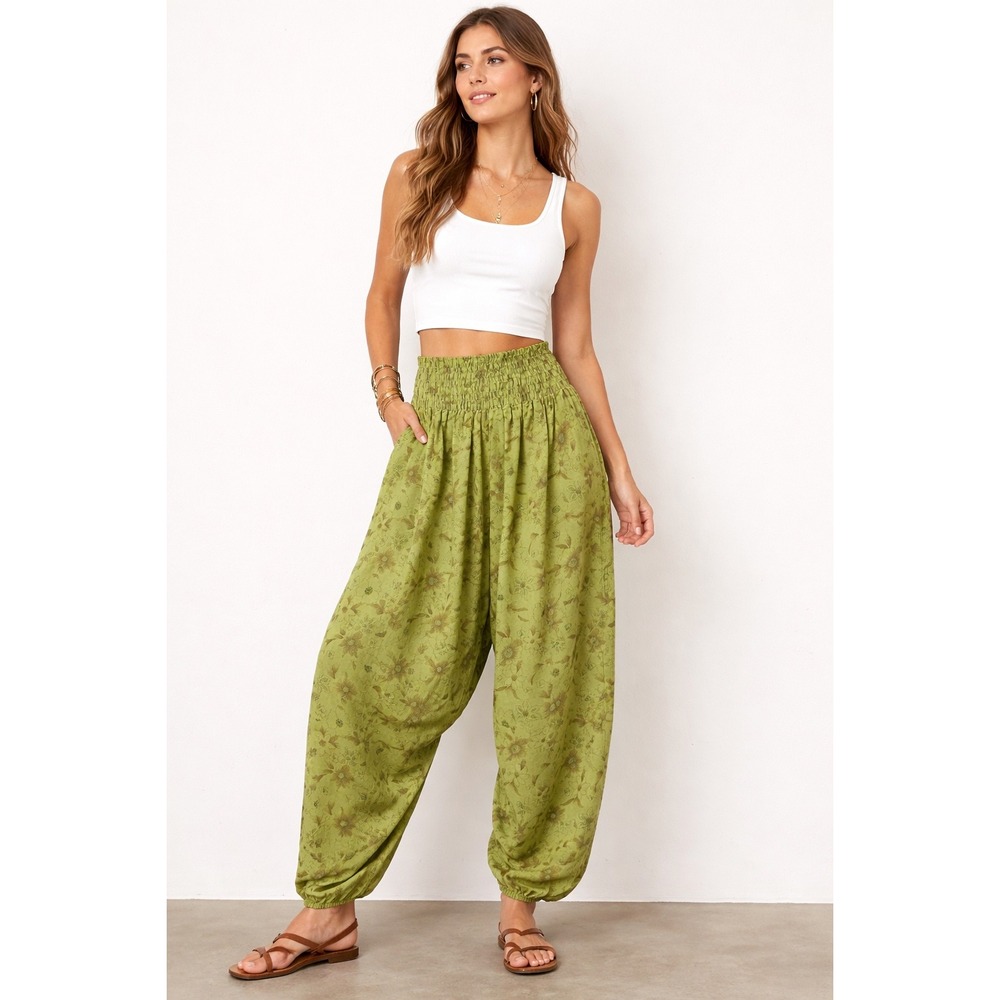 Green Floral 100% Silk Harem Pants Smocked Waist Boho Genie Trousers Womens OS